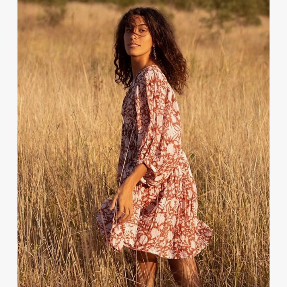 EUC Boho Mini Dress V Neck Tie Puff Sleeve Floral Loose Flowy Swing Dress XL